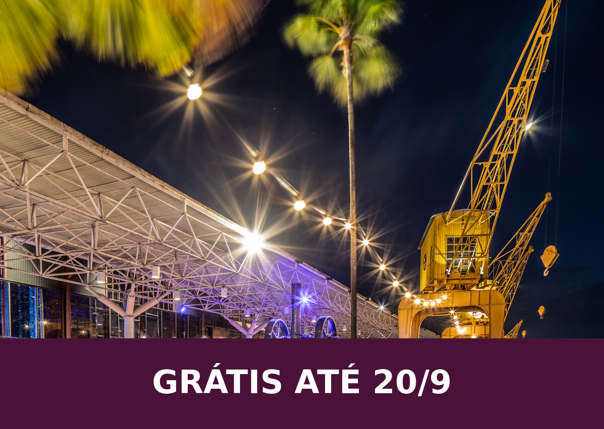 Estação das Docas, em Belém, na noite de 17 de agosto de 2023. Foto de arquivo do local que recebe uma das ativações, não da Estação Dramalândia montada, dos brindes, dos participantes ou de setembro de 2026. Prburley / Wikimedia Commons, CC BY 4.0. Corte de 46,0676% da área, redimensionamento e faixa por JKOOK OTT.